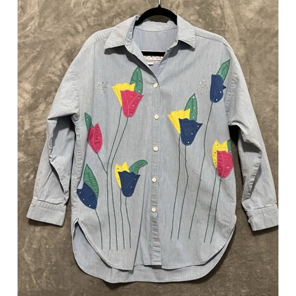 JB Duckworth & Co SZ XL Vintage Floral Tulip Long Sleeve Button Front Cotton - Picture 1 of 6
